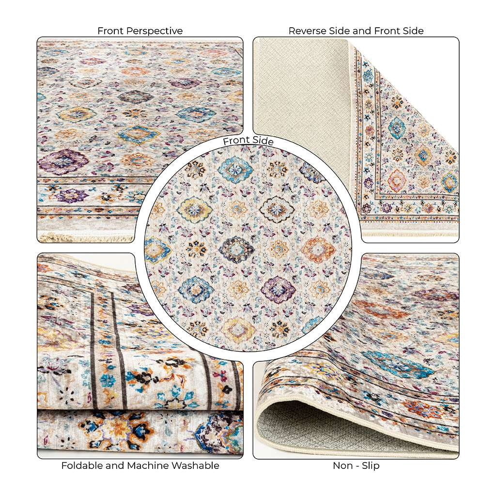 Alfa Rich 3x5 Area Rugs, Ultra-Thin, Boho, Multi Color Floral Rug, Non-Slip, Machine Washable, Easy Clean, Pet Friendly Runner Rugs, Laundry Rugs