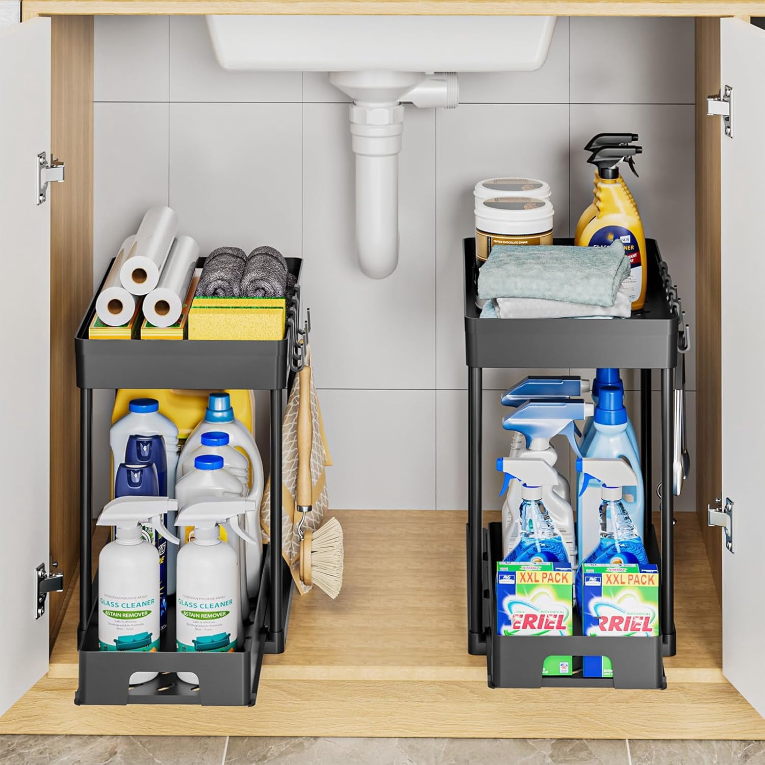 Delamu 2 Pack Under Sink Pull-Out Storage Tier with Hooks, Black, Bathroom, Kitchen Cabinet