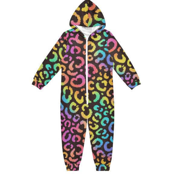 Leopard Print Rainbow Boys & Girls Hooded One-Piece Pajamas Warm Crystal velvet Hooded Long Sleeve Loungewear Jumpsuit Unisex