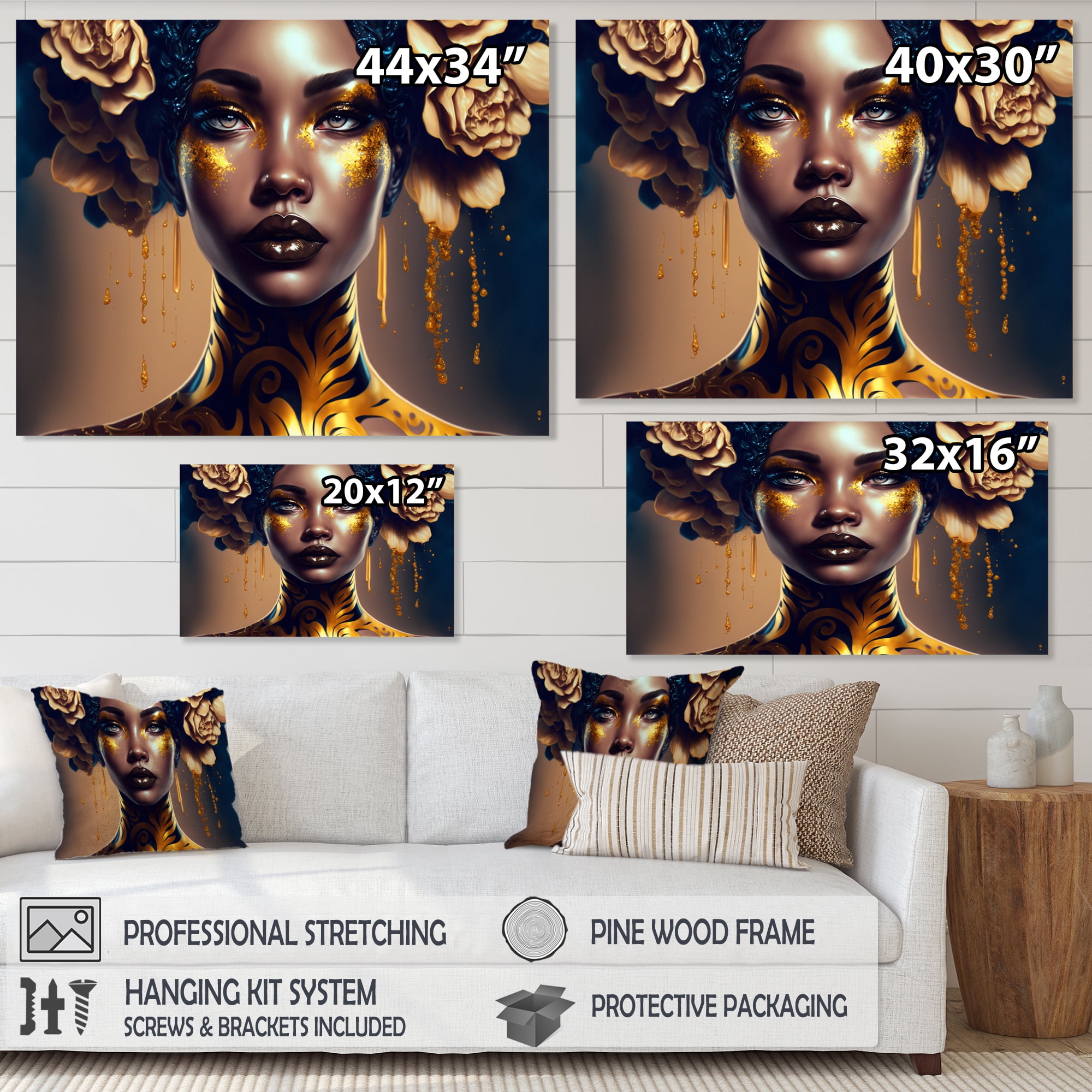 Designart Gold And Black Floral Woman II Canvas Wall Art