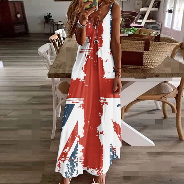 DPTALR Indépendance Jour Femmes Fronde Mi-Taille V-Cou Sans Manches à Rayures Impression Slim Plage Longue Robe