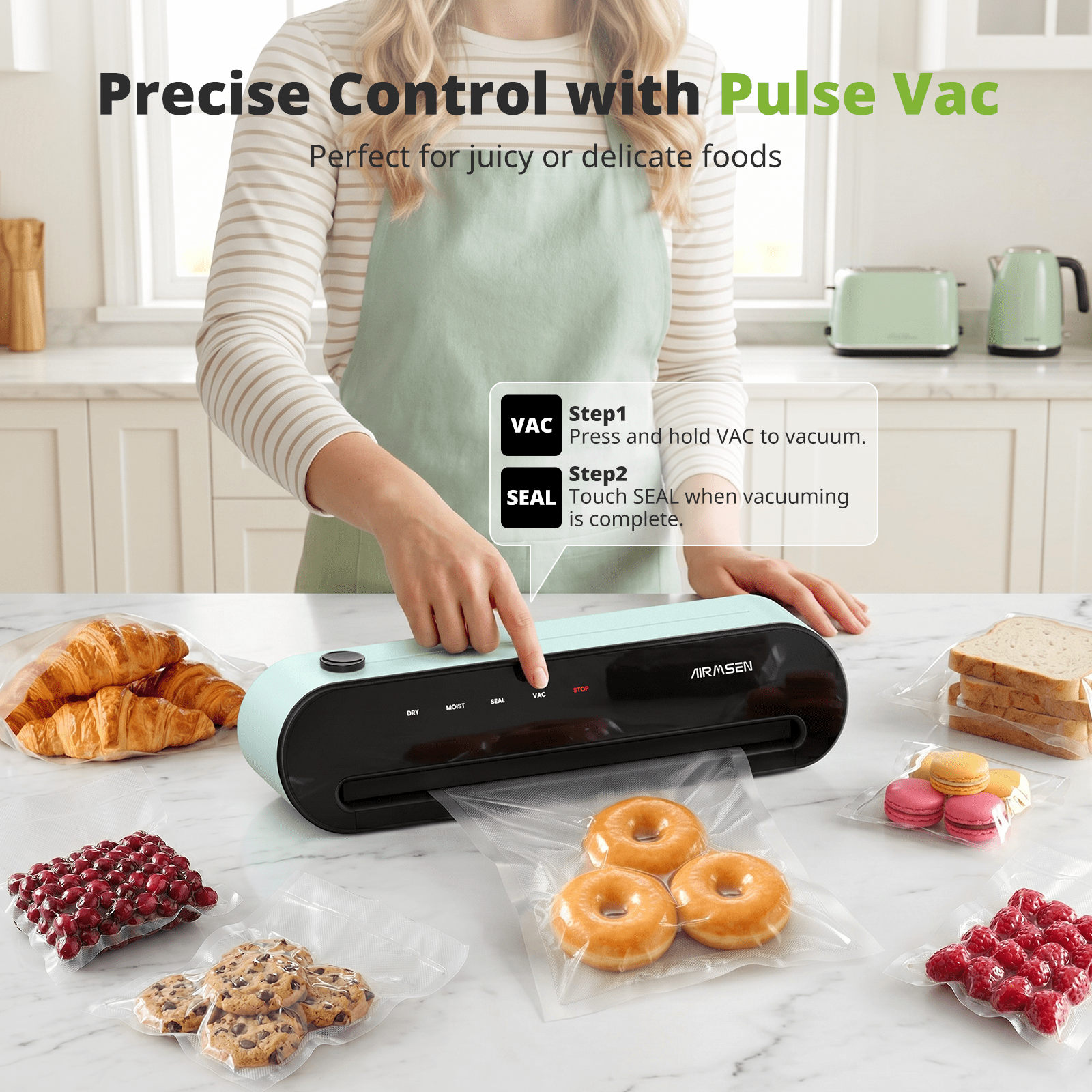 AIRMSEN Fully Automatic Vacuum Sealer Machine, 5-In-1 Food Sealer with External Accessory, Cutter, Pulse Vac, Manual Stop, Includes 1 Roll + 5 Vacuum Bags