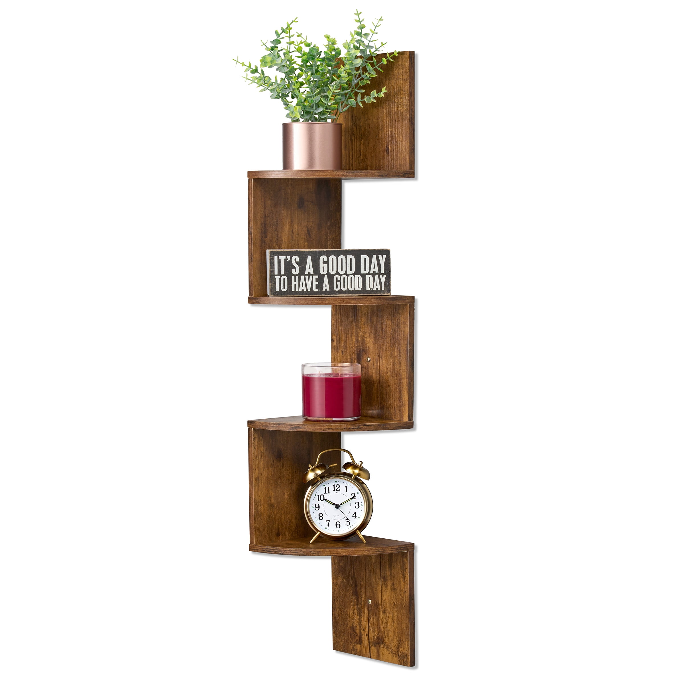 Sorbus 5-Tier Floating Corner Wall Shelf, Zigzag Bookshelf, Space-Saving Storage, Brown