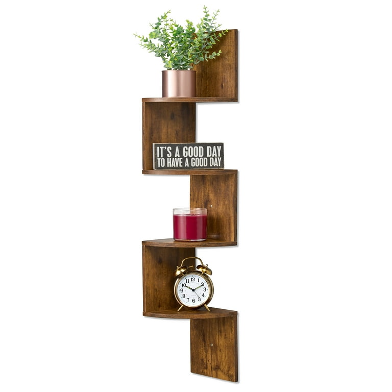 Sorbus 5-Tier Zig Zag Corner Wall Shelf, Floating Wood Bookshelf