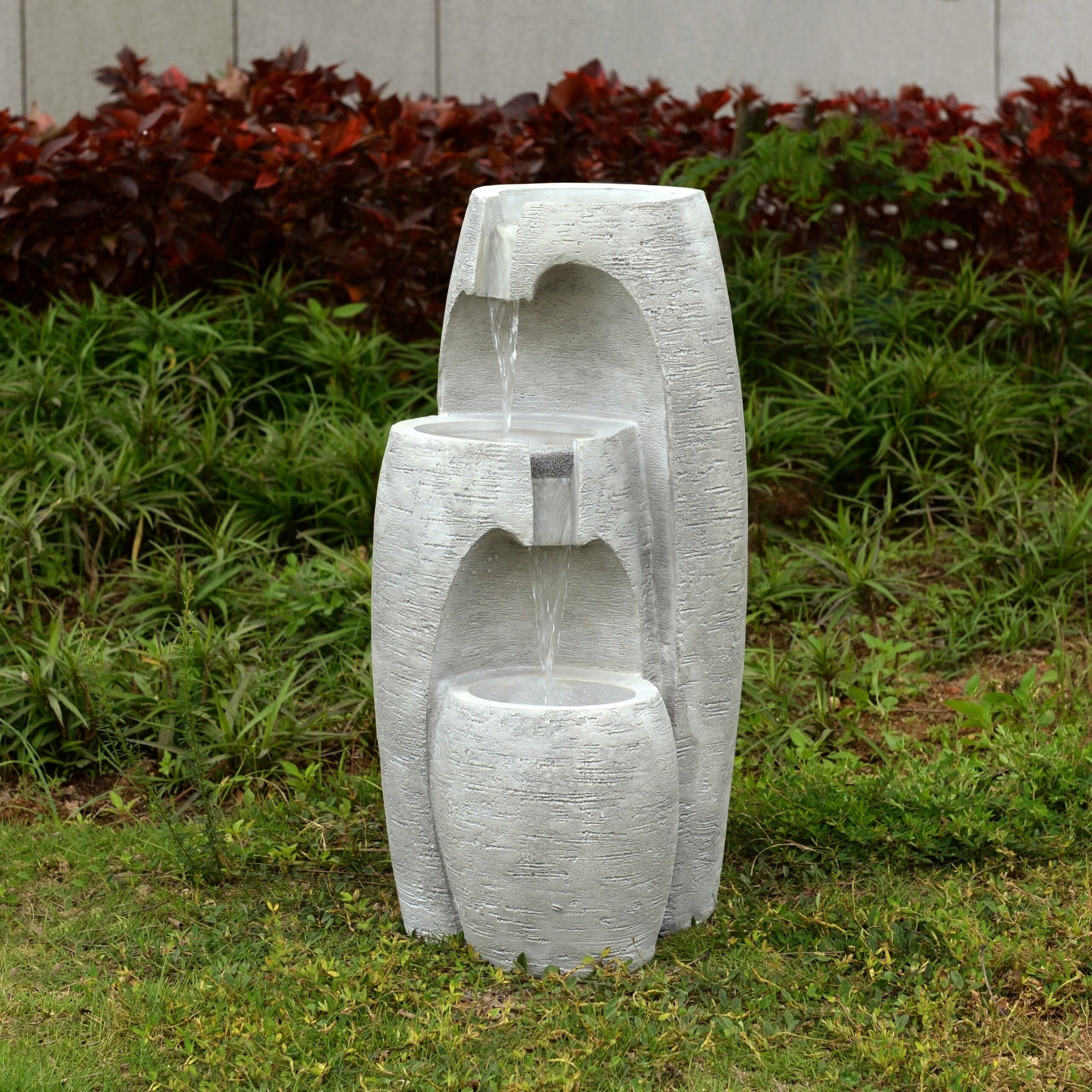 Teamson Home 3-Tier Cascading Urn Outdoor Water Fountain, Warm Glow Lighting with Adjustable Flow & Electric Pump, Gray