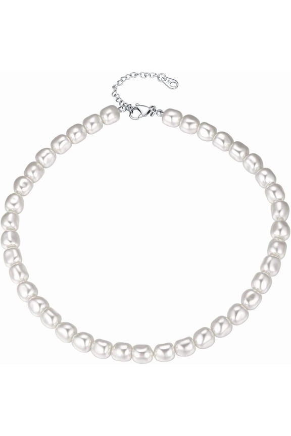 Pearl Necklaces for Men Women, Freshwater Cultured Pearl Strand, Faux Pearl, Baroque Pearl Necklace, Half Pearl Half Chain Necklace, Color White or Black Pearl Chokers