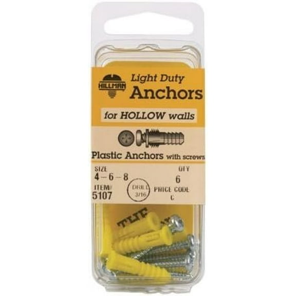Hillman Ribbed Plastic Anchors With Screws Size 4 - 6 X 7/8 " Pan Head Phillips 10 Lb. 6/Pack