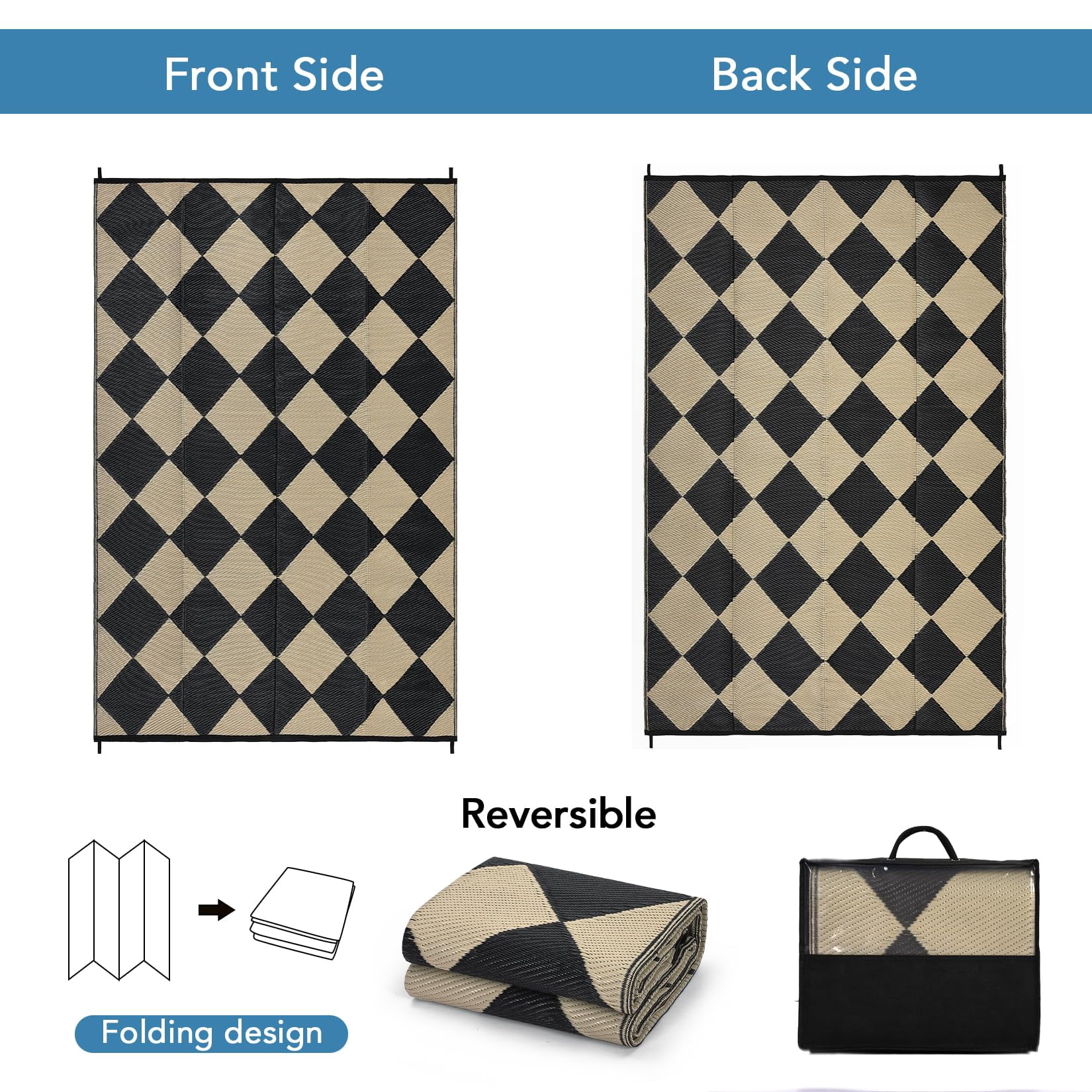 Volkmi Reversible Outdoor Rug – Waterproof Plastic Straw Patio Carpet, Modern Diamond Design, Easy Clean, Collapsible & Portable with Carry Bag – Perfect for Camping,Beach – 9*12ft
