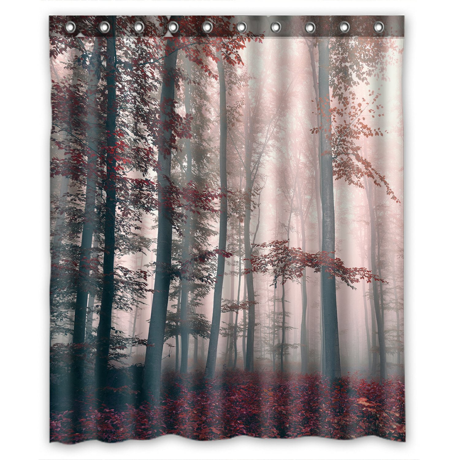 PHFZK Nature Scenery Shower Curtain, Beautiful Red Colored Foggy Mystic