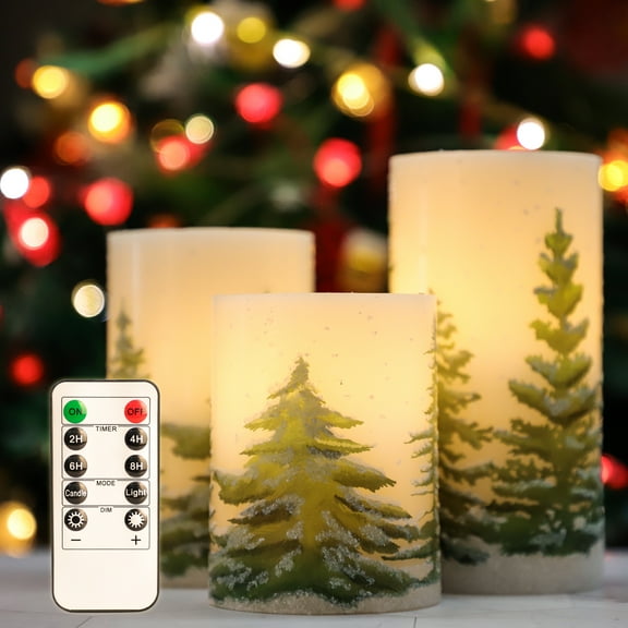 Meltone Christmas Tree LED Flameless Candles Battery Operated, Set of 3 Holiday LED Pillars with Remote