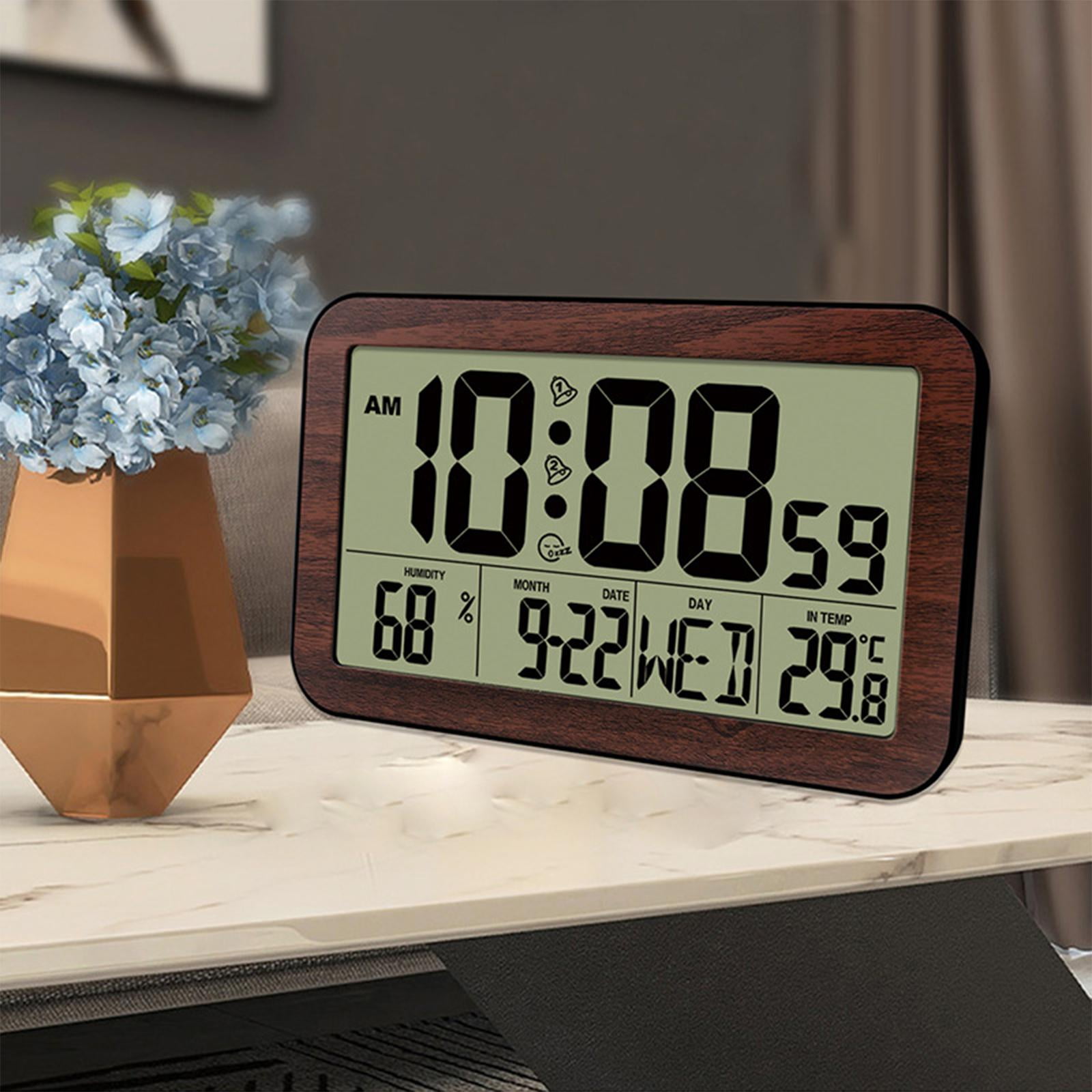 Electronic Digital Clock Battery Powered with Calendar Temperature Clock for Table, Dark Wooden Dark