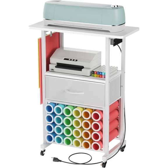 Rolling Craft Cart with Charging Station & Fabric Drawer, 24 Vinyl Roll Holders for Cricut, Organizers and Storage Compatible with Maker, Organization for Craft Room, White