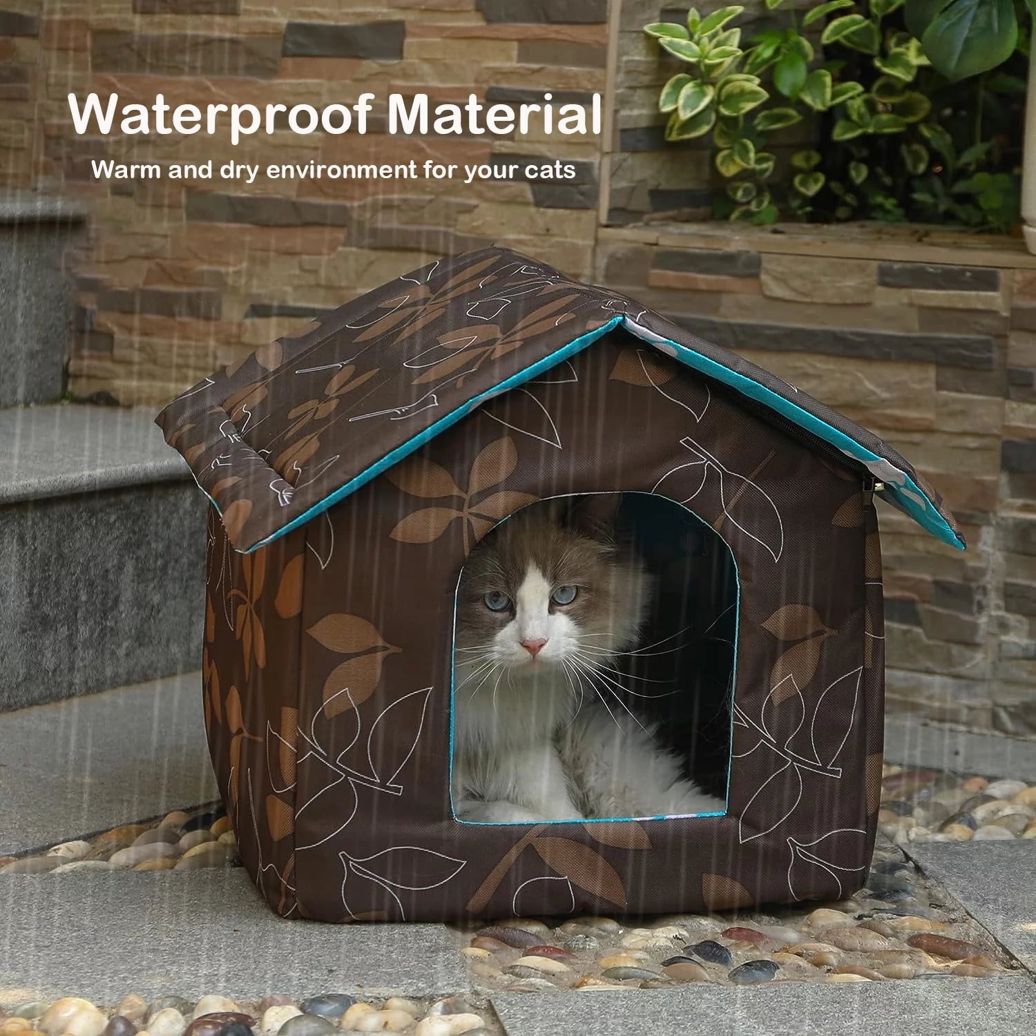 Bevtee Outdoor Cat House, Foldable Cat Bed Cave for Dog Puppy, Weatherproof, Waterproof, Brown, Large