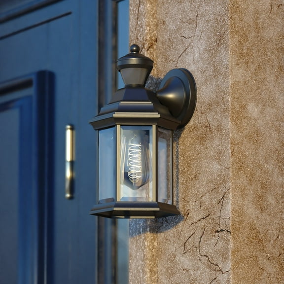 Open Box Auburn Aluminum 6.25-in. W 1 Light Black Motion Sensor Dusk to Dawn Outdoor Wall Lantern Clear Glass