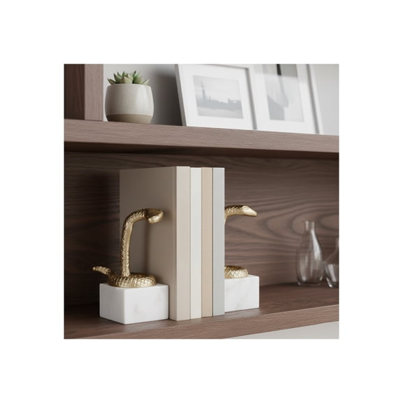 Decorative Metal Snake Bookends on Marble Base - Artistic Book Accessories for Home Library or Entryway Decor - Modern Book Ends for Bookshelf, Desk, and Office Decor - Set of 2, 6", Gold & White