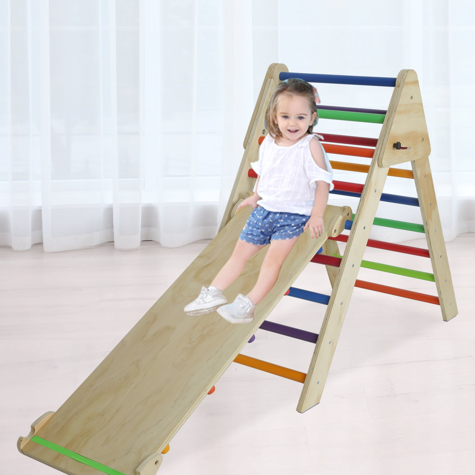 Multicolor Pikler Triangle with Ramp & Slide, Foldable 2-in-1 Wooden Climbing Ladder, Montessori Play Gym for Toddlers Kids 1-7