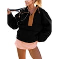 thumbnail image 2 of Womens Crew Neck Pullover Puffer Long Sleeve Loose Jacket Half Zip Hooded Coat with Drawstring Black L, 2 of 7
