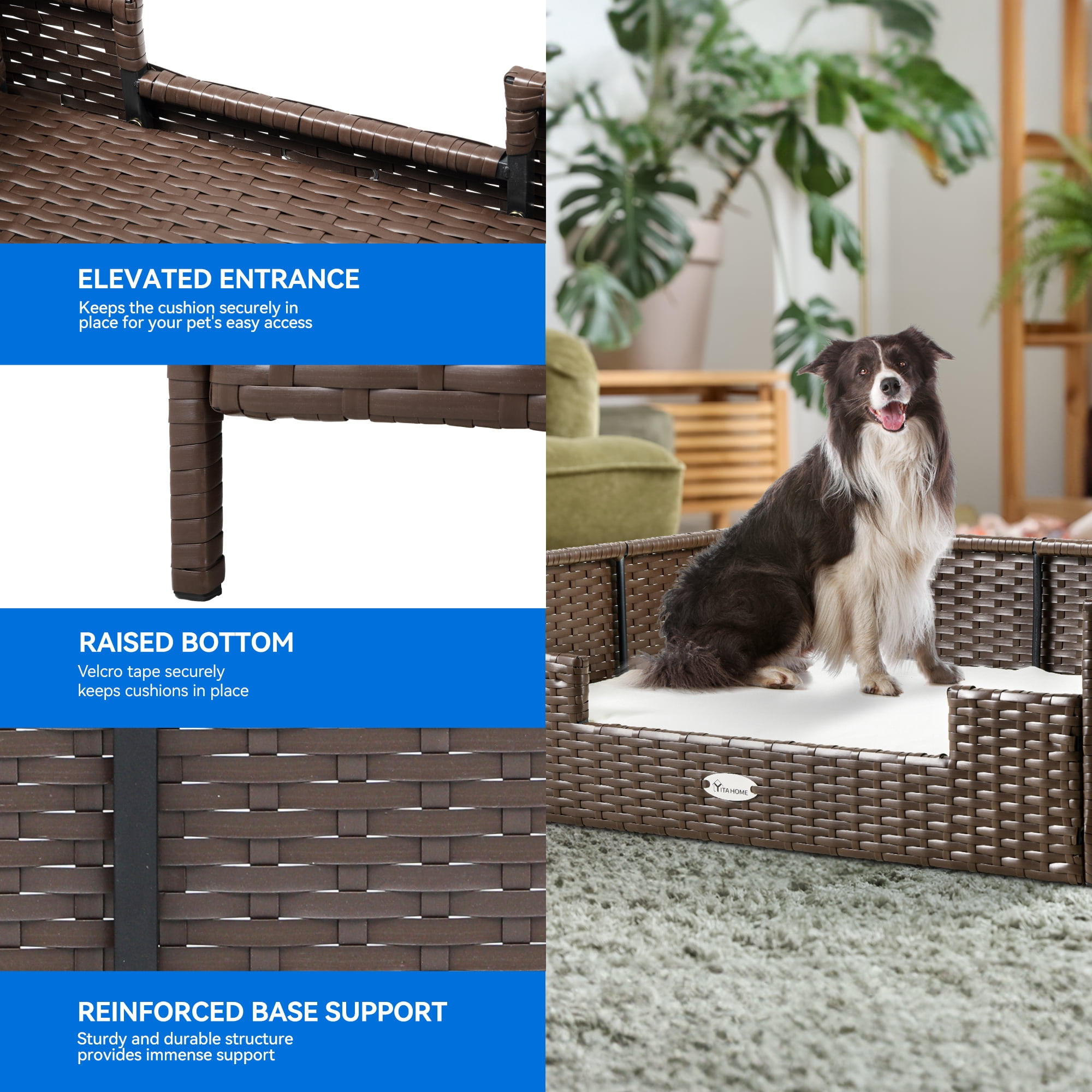 Dextrus Rattan Dog Bed for Large Medium Dogs and Cats, 34.6''Lx23.6''Wx11.8''H Indoor Outdoor Pet Bed with Beige Cushion