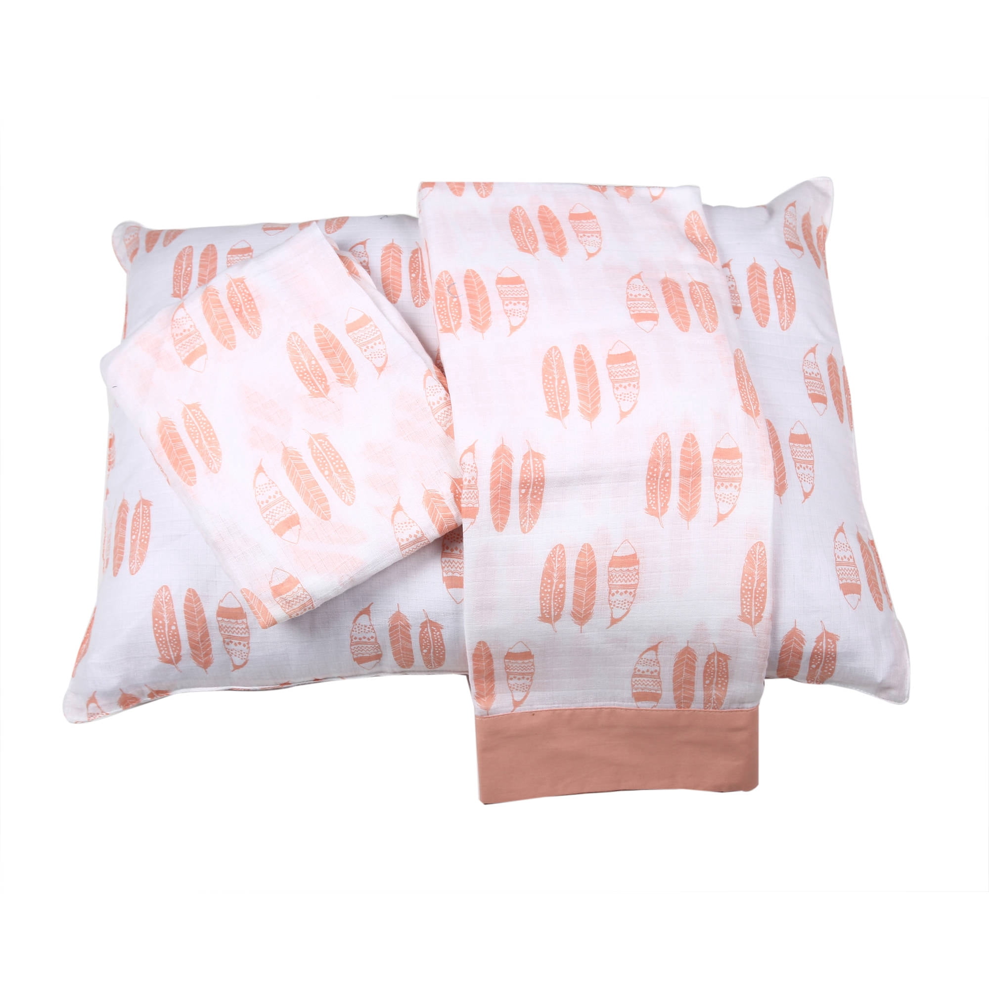 Bacati - Aztec/Tribal Coral/Navy 3-Piece 100% Cotton breathable Muslin Toddler Bedding Sheet Set, Feathers