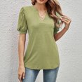 thumbnail image 2 of Women Casual V Neck Loose Puff Short-Sleeve T-Shirts Green M, 2 of 5