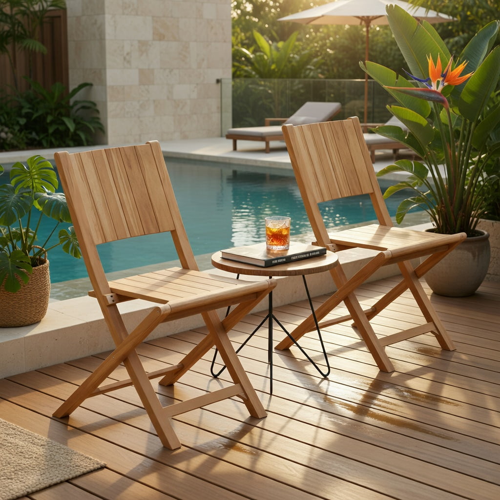 Hommoo 2-Pack Teak Wood Outdoor Dining Chairs, Foldable Slatted Seat, Ergonomic 105° Backrest, No Assembly Required for Patio, Porch & Garden, Natural