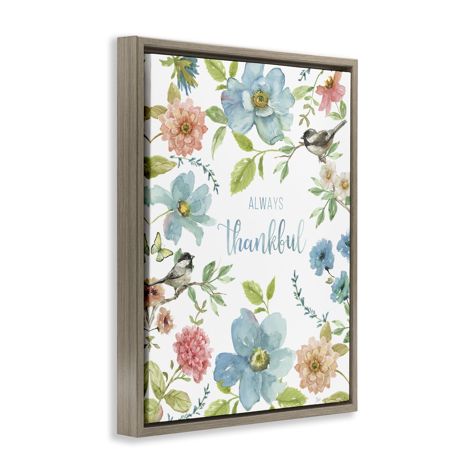 Stupell Industries Always Thankful Pink & Blue Brown Framed Floater Canvas Wall Art, design by Nan