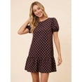 thumbnail image 5 of Brown Polka Dot Bubble Sleeve Ruffle Hem Babydoll Mini Dress For Women, 5 of 8