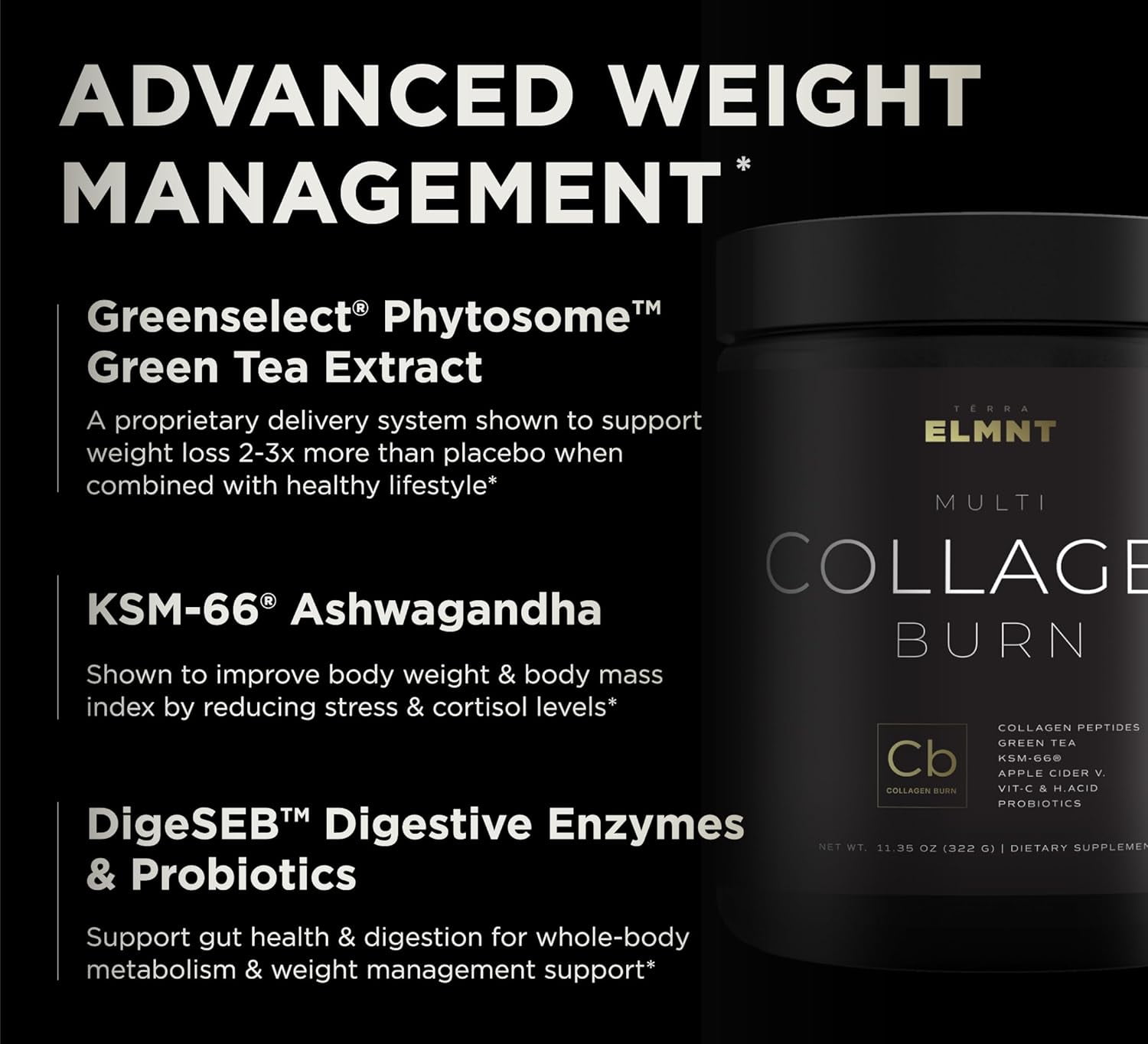 ELMNT Super Collagen Burn - Multi Collagen Peptides Powder for Women w. Apple C Vinegar (Razz Lemonade)