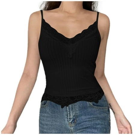 QYZEU Plus Size Tank Tops for Women Dressy Lace Trim Ribbed Deep V Neck Crop Camisole Sexy Slim Fit Sleeveless Tank Top Bodysuit Soft Breathable Lightweight Tops Black XL