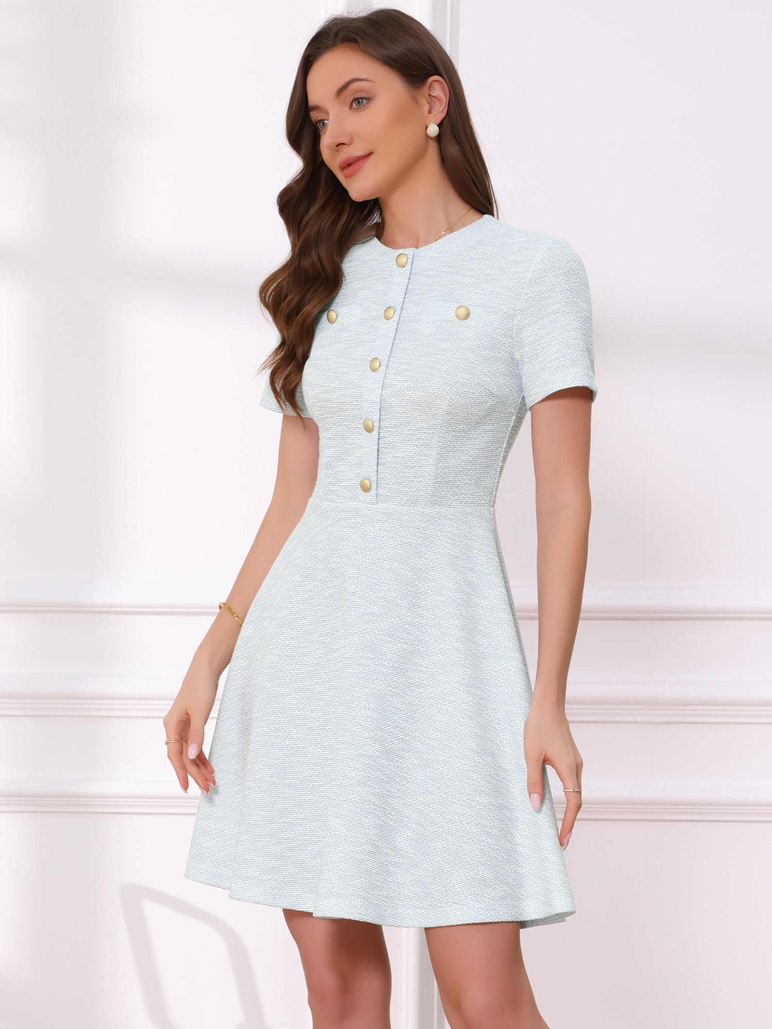 DARING DIVA Women's Plaid Tweed Button Up Round Neck Short Sleeve Dress M Light Blue
