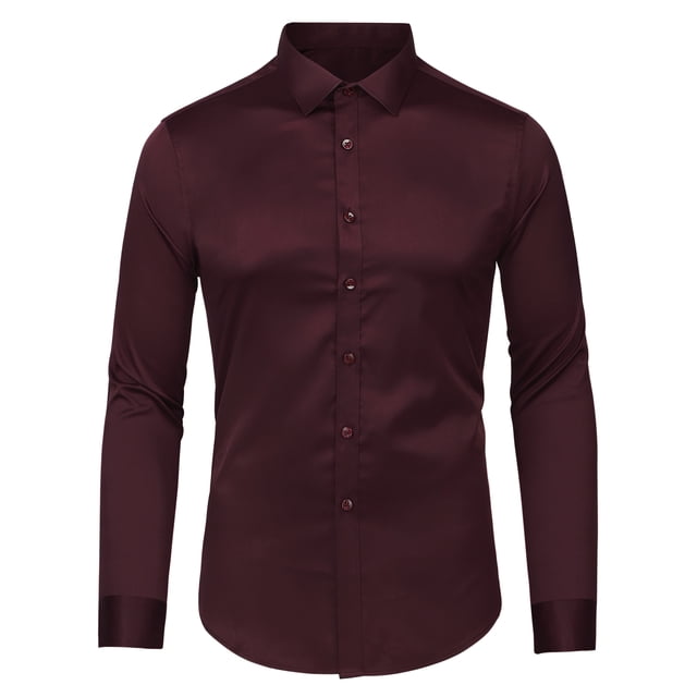 Camisa de vestir de color burdeos para hombre, manga larga, cuello abotonado, ajuste delgado, camisas de negocios, tamaño mediano Unique Bargains Camisa