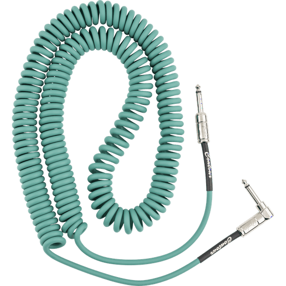 Fender Contour 1/4" Straight to 1/4" Right Angle Coiled Instrument Cable, 30', Sherwood Green