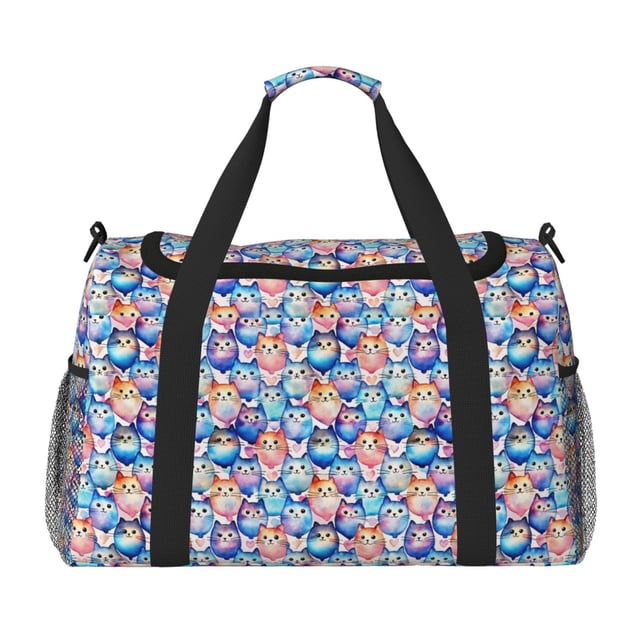 Fotbe Cartoon colorful cute cat Bolsa de Viaje con Estampado, Bolsa de Fin de Semana para Mujer con Compartimento para Zapatos, Bolsa de Gimnasio con Bolsillo Húmedo