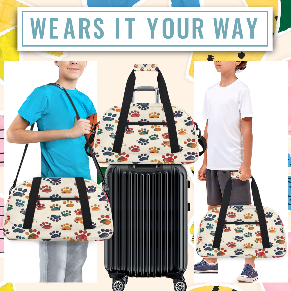 Herdesigns Sports Duffle Bags Travel Duffle Bag Gym Bag Dog Paw Print Weekender Travel Bag Waterproof Overnight Bag Carry On Travel Tote Bag Dance Bags