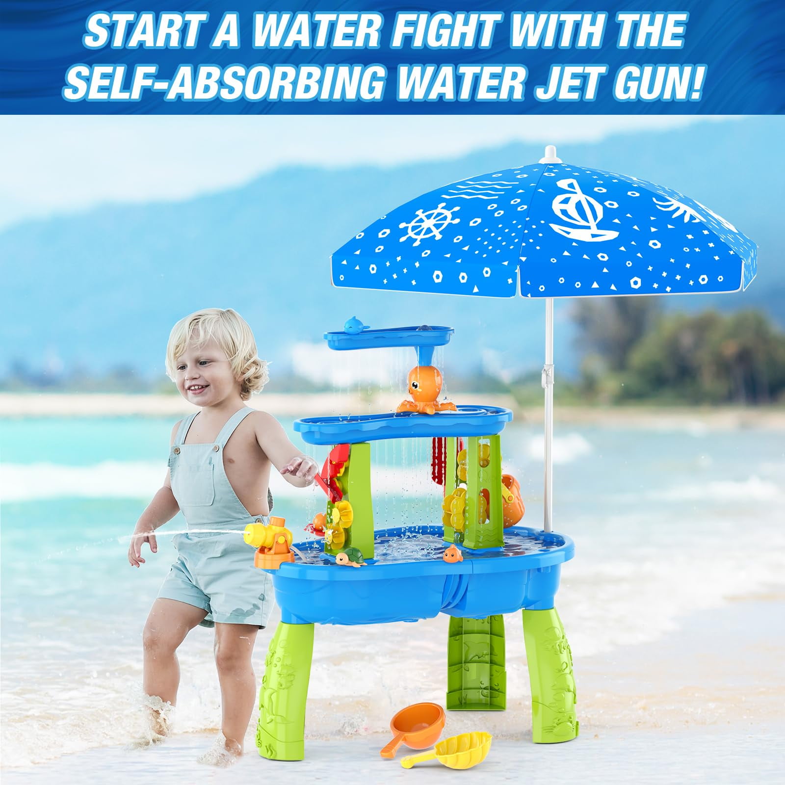 JoyStone 3-Tier Kids Sand Water Table with Umbrella, Outdoor Sensory Play Table Toy, 28.66" Tall, Summer Gift for Toddlers & Kids (Pump Not Included)