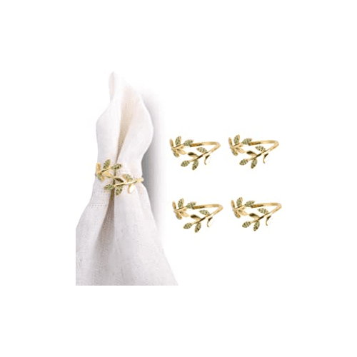 Gold Leaf Napkin Rings with Green Diamonds Set of 4 Metal