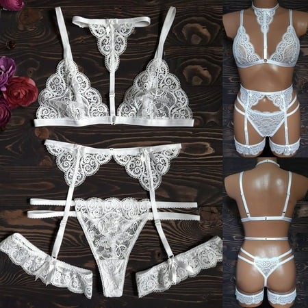 

Pxiakgy lingerie for women New Women Lace Lingerie Set Halter Wireless Bra Bow Thong Leg Ring Underwear White + XXL
