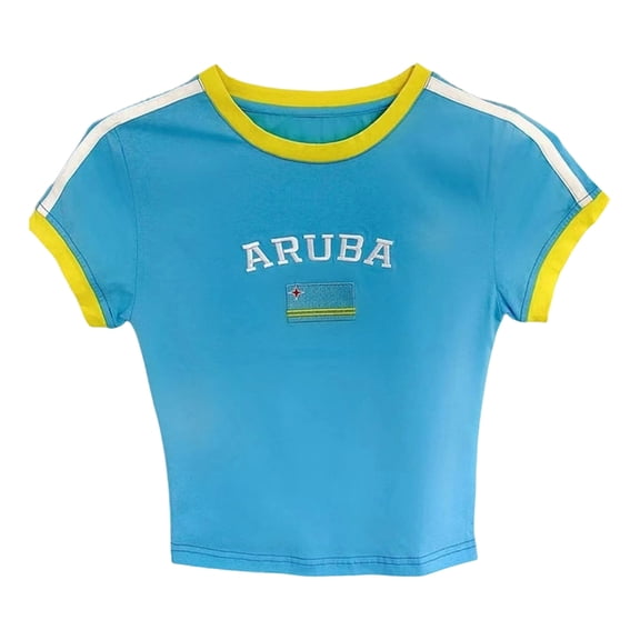 Qicasul Women T-Shirts Summer Short Slim Fit T Shirt With Letter Print Casual Tops Sky Blue,M