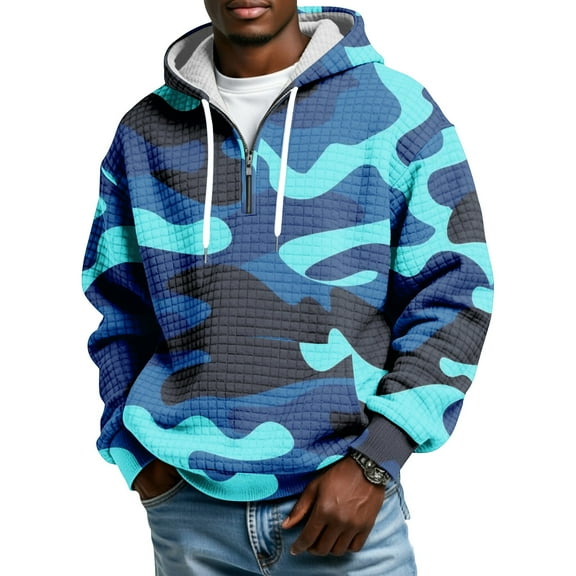 Men's Hooded Pullover Sweatshirt Waffle Knit Fabric Half Zip Front Drawstring Hood Camouflage Pattern Casual Fit Blue L
