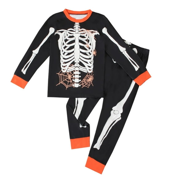 FYDUU Toddler Boys Girls Halloween Pajamas Set Hallowmas Skeleton Print Kids Long Sleeve Sleepwear Jammies Comfort Holiday 2 Piece Pajama Sets Vintage Outfit