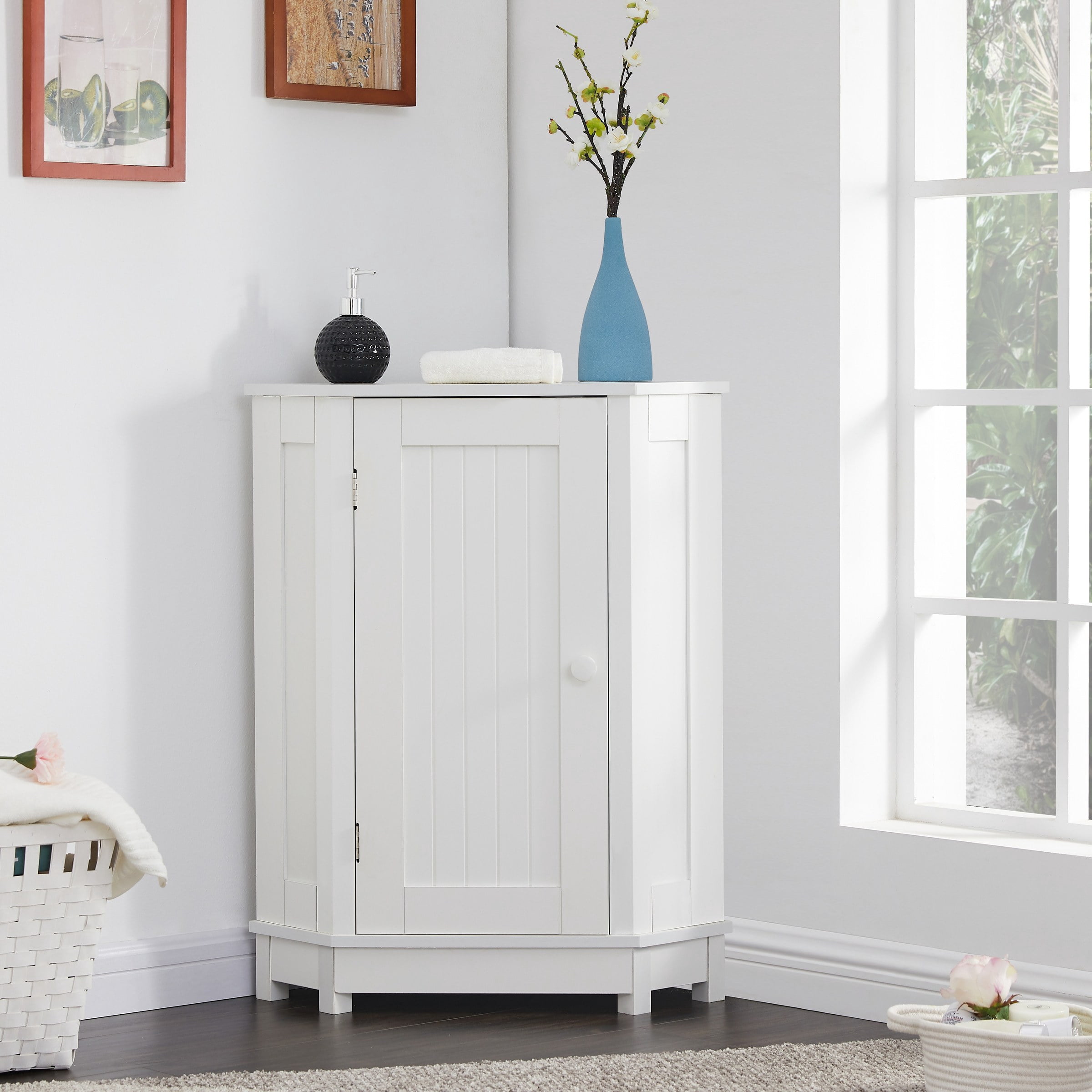 White Triangle Corner Storage Cabinet with Adjustable Shelves, MDF, 24.8 x 17.5 x 31.4 in