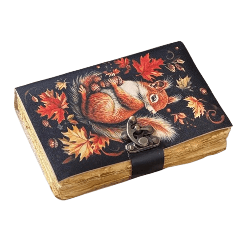 Handmade Leather Journal with Autumn Squirrel Artwork – 5x7 inch Vintage Notebook, 200 Handmade Paper Pages, Locking Clasp, Artisan Sketchbook & Diary