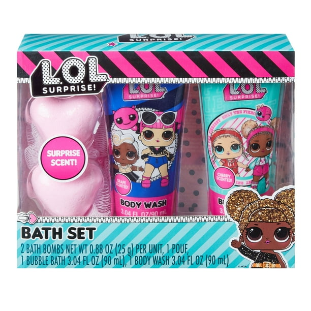 LOL Surprise 5 Piece Kids Bath Bomb, Bath Puff, Bubble Bath, and Body