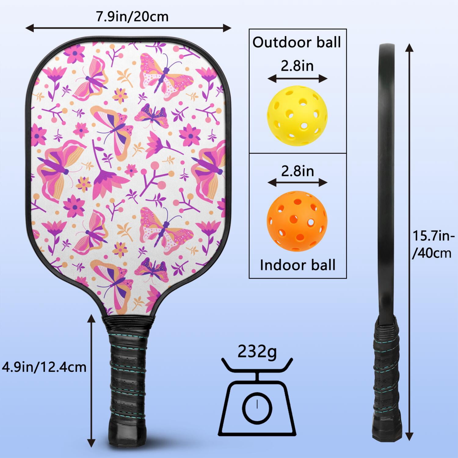 Pickleball Paddles Set Of 2, Fiberglass Surface, Vintage Floral & Butterfly, 4 Balls & Bag