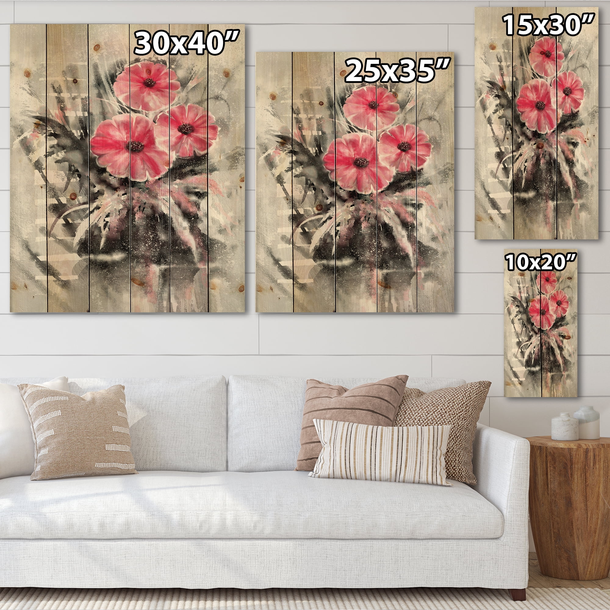 Designart 'Abstract Red Flowers On Gray Background' Traditional Print on Natural Pine Wood