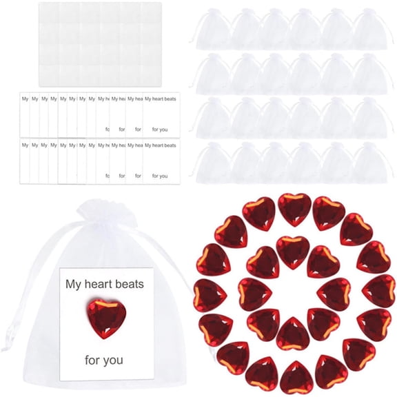 24 Sets Pocket Heart Token Gifts, Valentines Heart Shaped Stones, Red Crystal Diamonds with Cards and Organza Pouches,Valentines Day Gifts Greeting Cards for Lovers Weddings or Dates