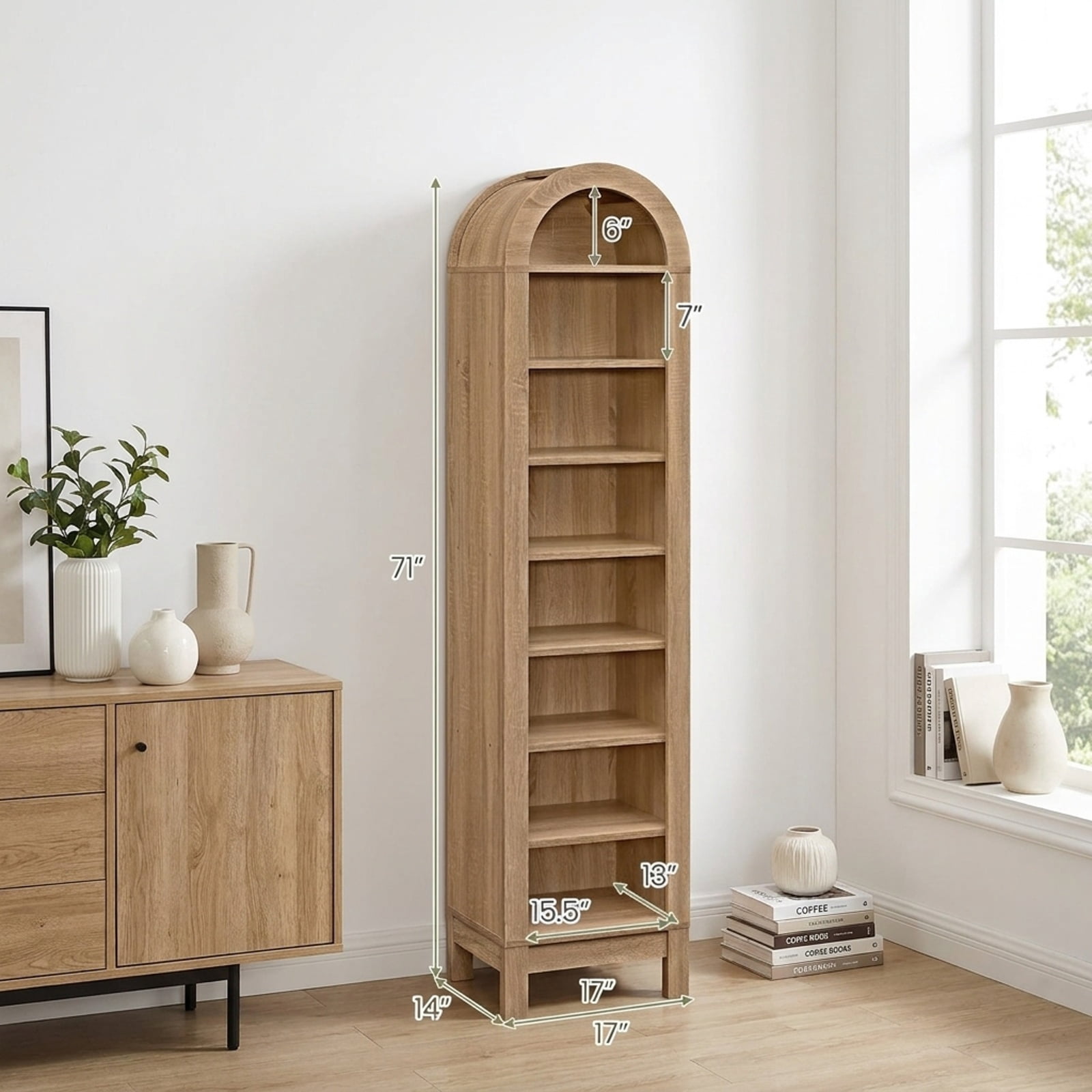 Furnibear 8-Tier Modern Arch Bookshelf with 3 Adjustable Shelves for Living Room Home Office Bedroom Display Storage Shelf, Natural