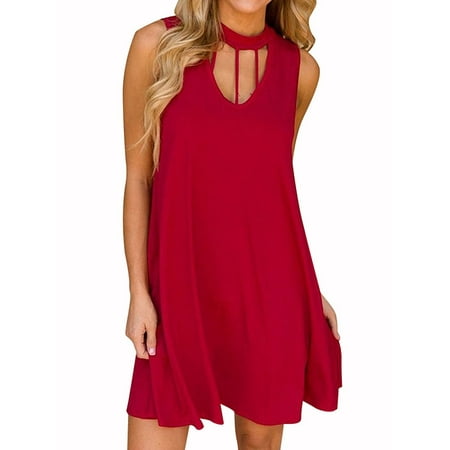 - Starvnc Women Halter V Neck Sleveless Side Pockets Pure Color Mini Dress
