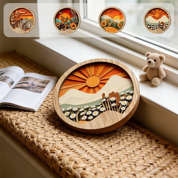 Naxoaeo 2D Wooden Layered Wall Art, 7.8 Inch Round Farmhouse Sunflower Decor, 3D Paper Art Style Wood Ornament, Festival Party Hanging Decoration for Living Room Bedroom Entryway, Housewarming Gift