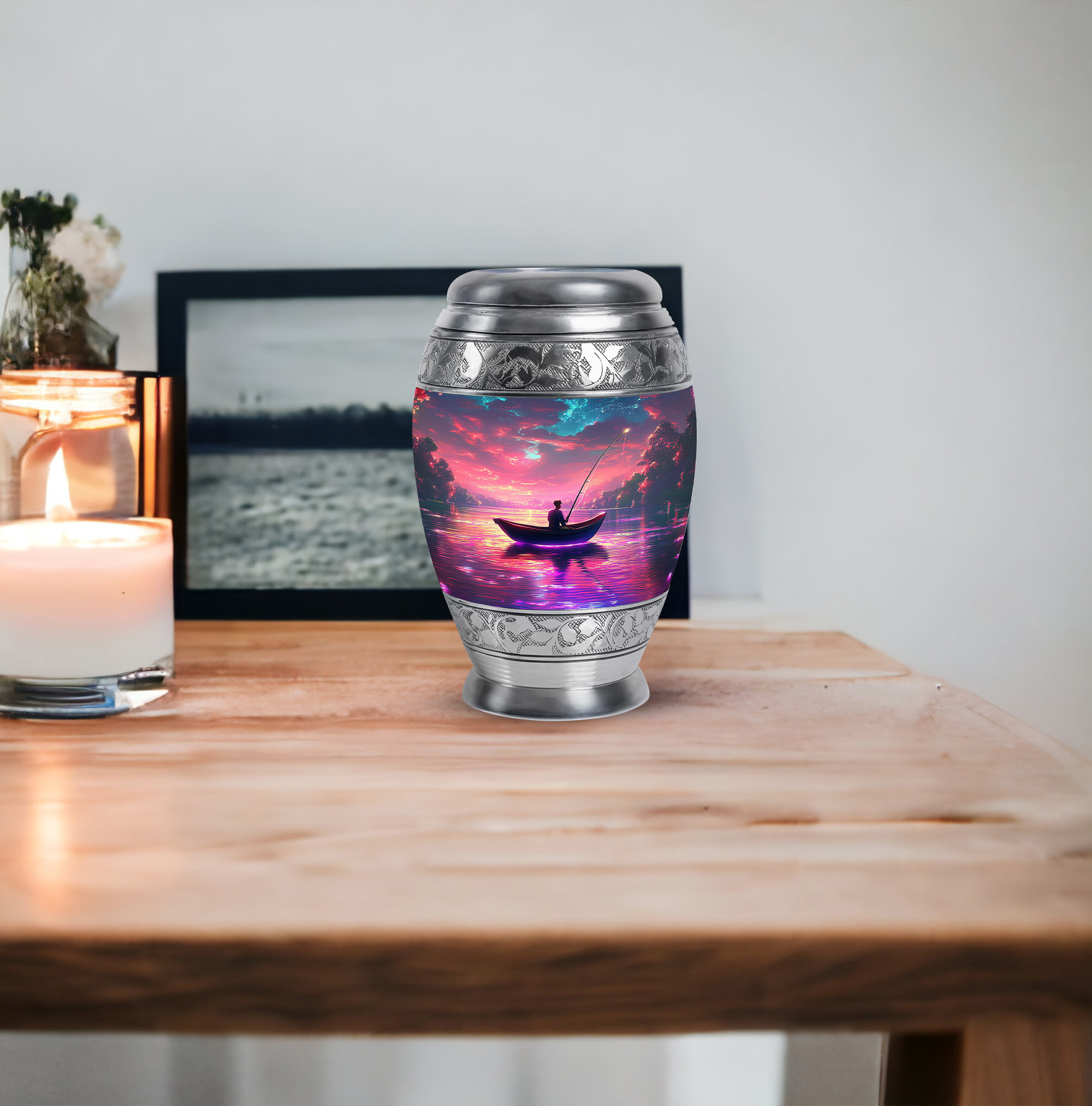 JAGASY Fishing Mini Urn for Girl - Pink Small Urn for Ashes Adult Male - Sunset Water Boat Decorative Memorial Urns - Keepsake Cremation Urns for Friends - (3 Inch)